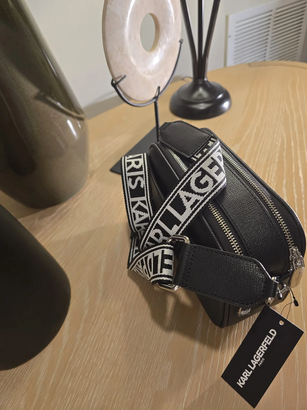 Karl Lagerfeld Black Pebbled Leather Crossbody with Monochrome Character Accent